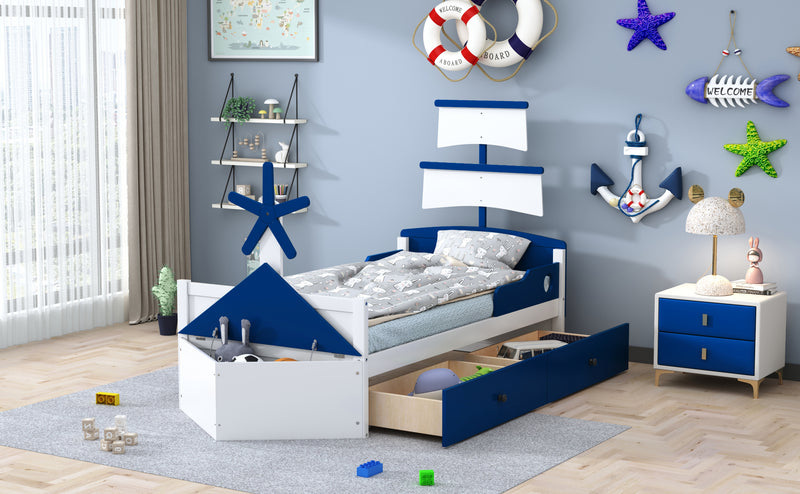 Twin Size Boat-Shaped Platform Bed with 2 Drawers ,Twin Bed with Storage for Bedroom,Blue