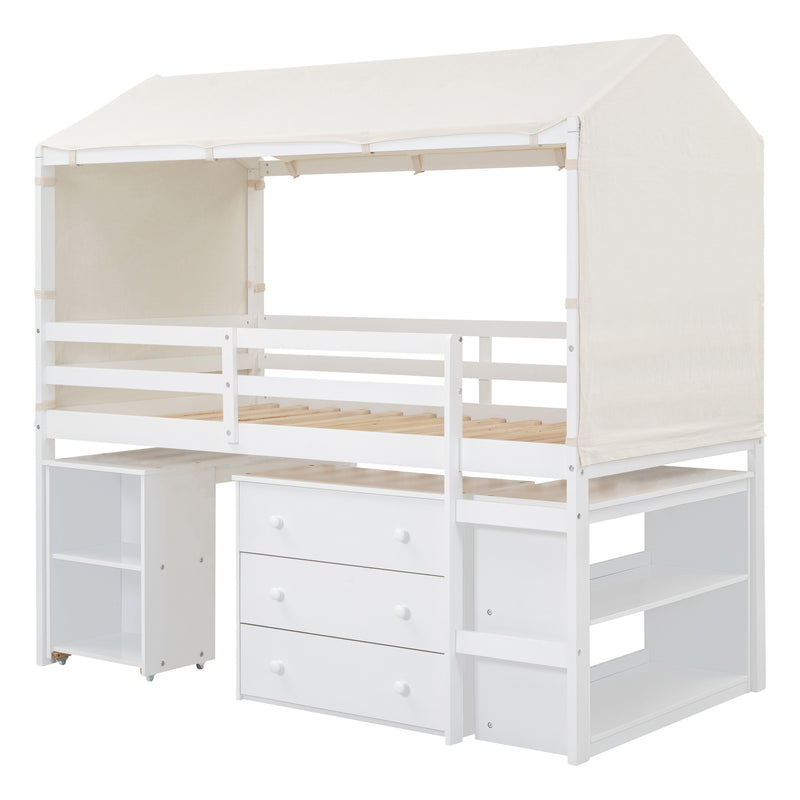 Twin Size Loft Bed with Rolling Cabinet, Shelf and Tent - White