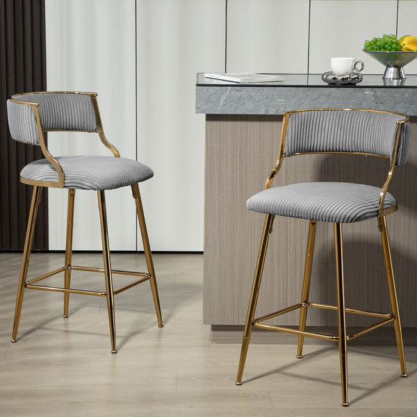 Counter Height Bar Stools, Corduroy Kitchen Island Counter Bar Stools With Back, Golden Chromed Base And Footrest (Set of 2) - Gray