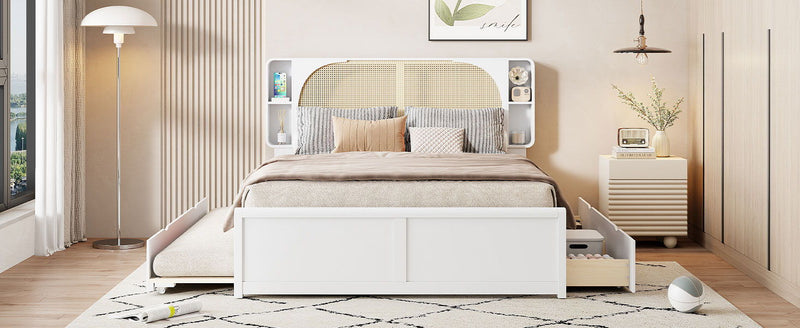 Queen Size Rattan Headboard Bed With Two Drawers And Trundle - White