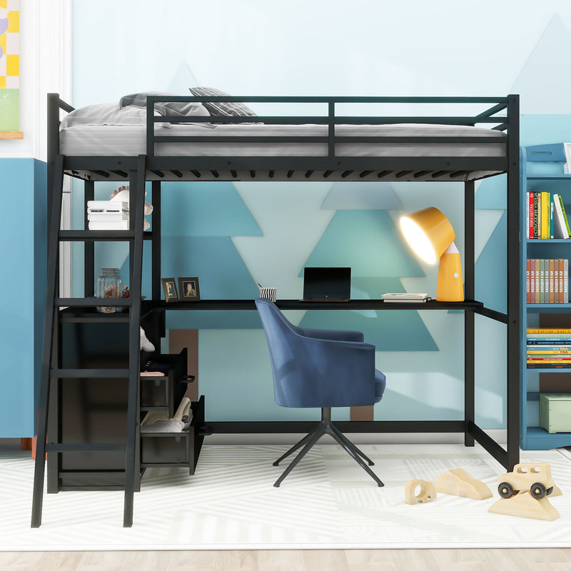 Twin Size Metal&Wood Loft Bed with Desk and Shelves, Two Built-in Drawers, Black