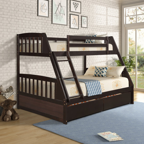 TOPMAX Solid Wood Twin Over Full Bunk Bed with Two Storage Drawers, Espresso