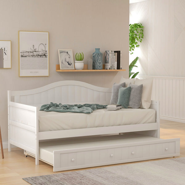 Twin Wooden Daybed With Trundle Bed, Sofa Bed For Bedroom Living Room - White