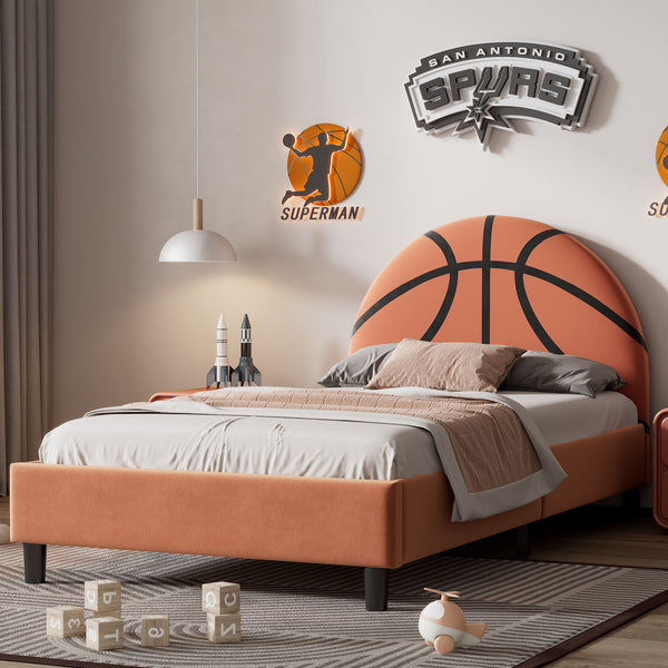 Basketball Design Upholstered Twin Platform Bed Sport Style Bed For Boys & Girls, Teens - Orange