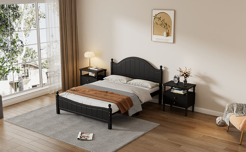 Traditional Concise Style Black Solid Wood Platform Bed, No Need Box Spring, Queen