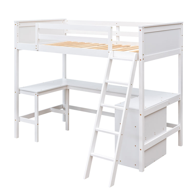 Twin size Loft Bed with Shelves and Desk, Wooden Loft Bed with Desk - White(OLD SKU:LT000537AAK)