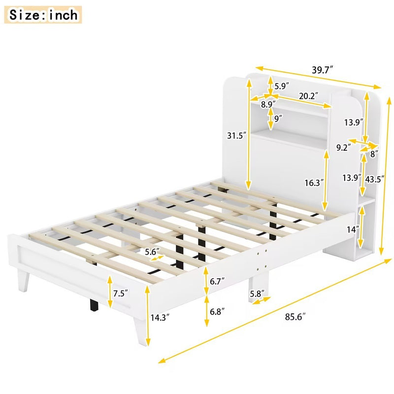 Twin Size Platform Bed with Storage Headboard,Multiple Storage Shelves on Both Sides,White