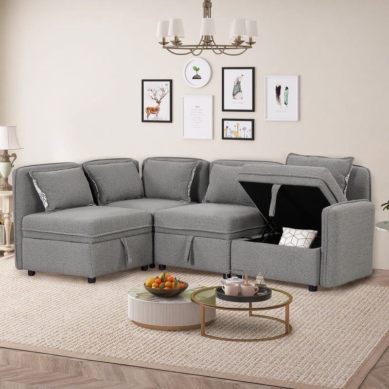 122.8" Convertible Modular Minimalist Sofa Free Combination 4 Seater Sofa Chenille Fabric Sectional sofa with 5 Pillows for Living Room, Office, Apartment, Small Space, Gray