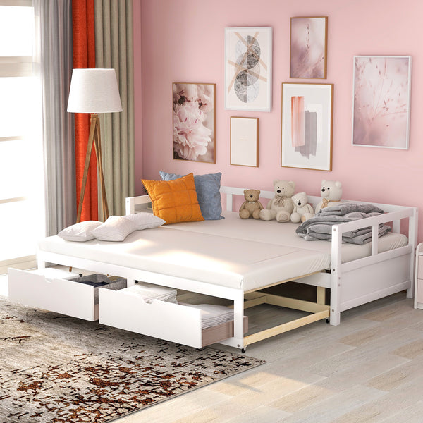 Wooden Daybed with Trundle Bed and Two Storage Drawers , Extendable Bed Daybed,Sofa Bed for Bedroom Living Room,White