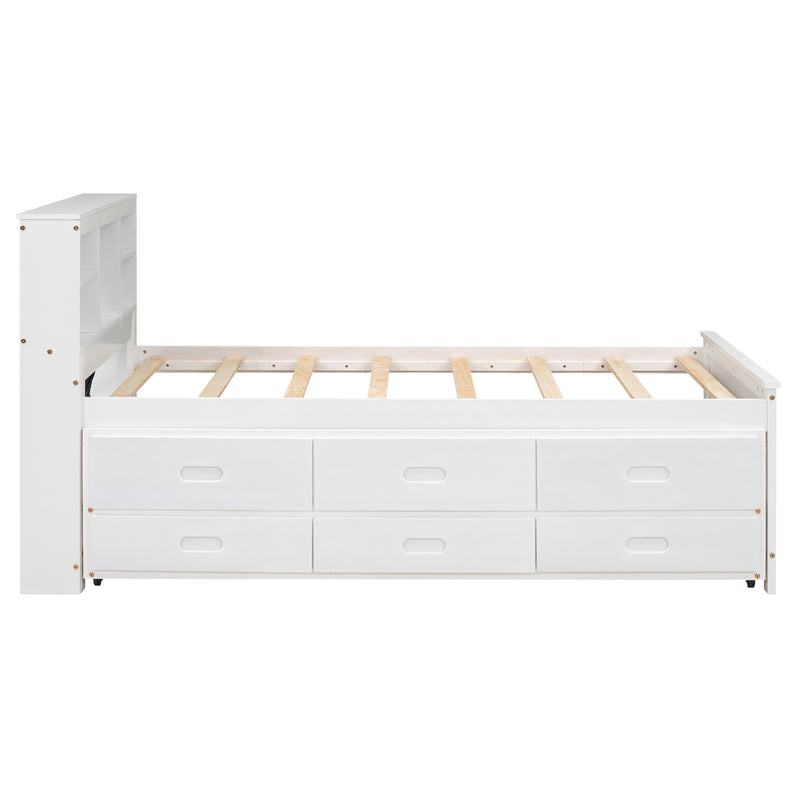 Twin Size Platform Bed with Storage Headboard, USB, Twin Size Trundle and 3 Drawers, White