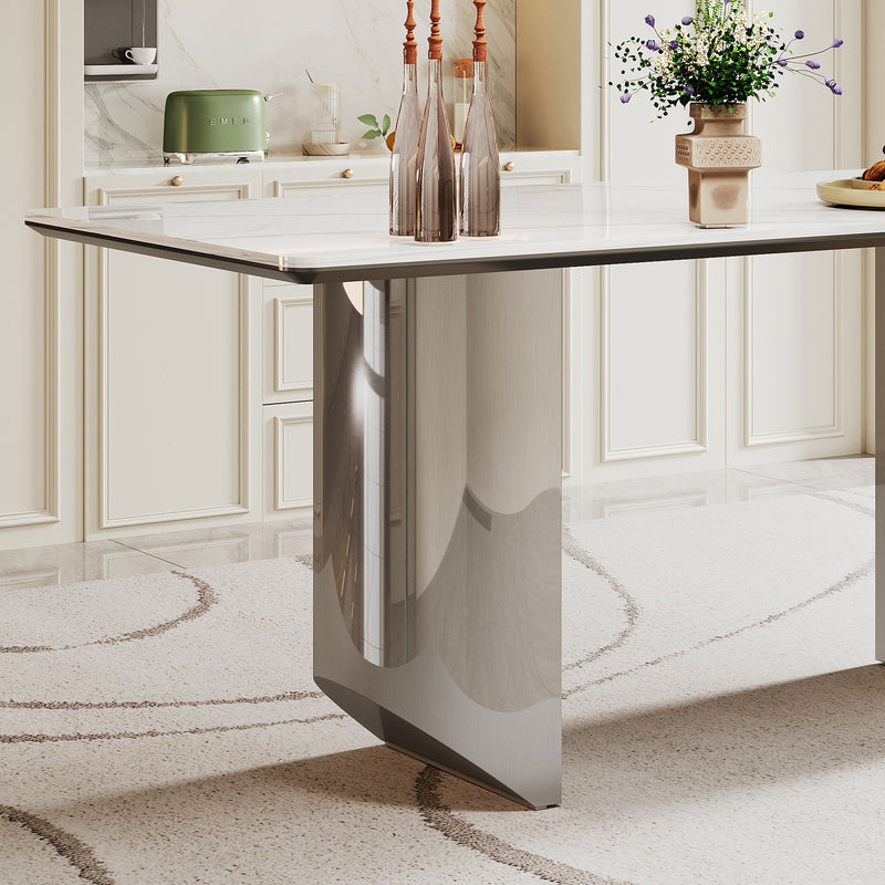 Sintered Stone Composite Tempered Glass Top Dining Table With Stainless Steel Base