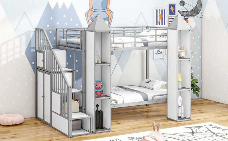 Metal Twin Over Twin Castle-Shaped Bunk Bed With Wardrobe And Multiple Storage - Gray / White