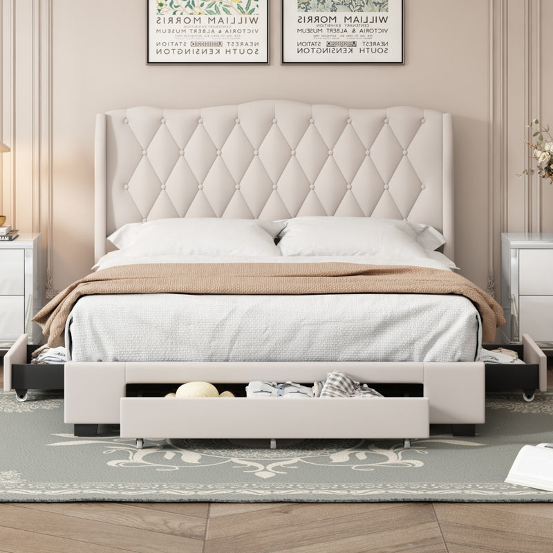 Upholstered Platform Bed with Tufted Headboard and 3 Drawers, No Box Spring Needed, Velvet Fabric, Queen Size Beige