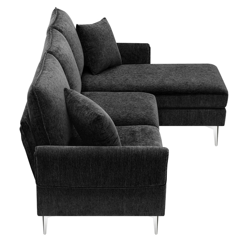 Modern Chenille L-Shaped Sofa With Reversible Lounge, Convertible Sectional Couch Set, 4 Seat Indoor Furniture With Reversible Chaise, Fit For Living Room, Apartment (2 Pillows)