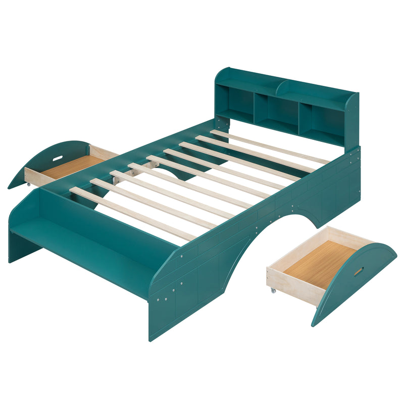 Wood Full Size Platform Bed with 2 Drawers, Storage  Headboard and Footboard, Dark Green