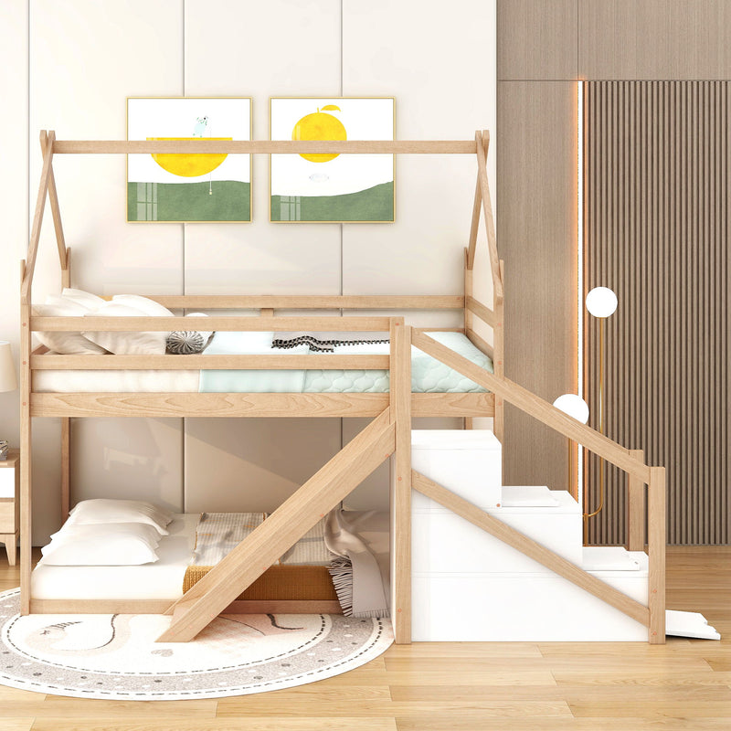 Kids Furniture - House Loft Or Bunk Bed With Slide And Staircase