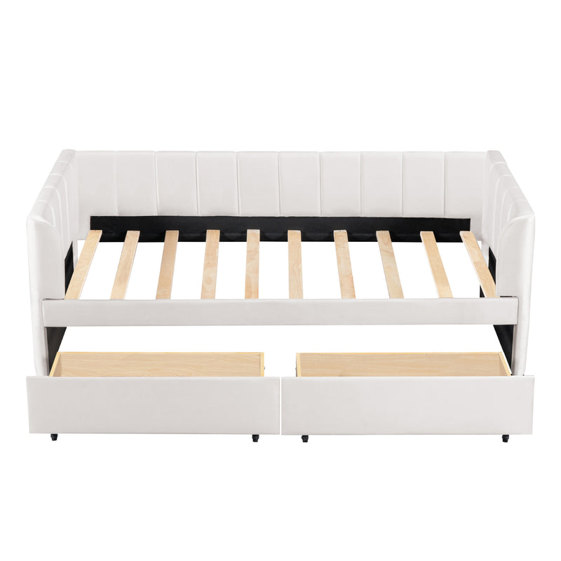 Twin Size Upholstered Daybed with Ergonomic Design Backrest and 2 Drawers, Beige