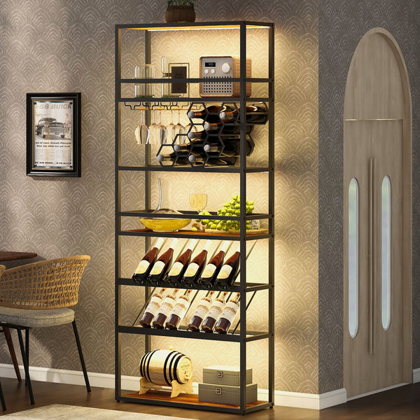 LED Tall Wine Rack Freestanding Floor, 7 Tier Wine Baker Rack With Glass Holder & Wine Storage, Industrial Wine Display Shelf Wine Bar Cabinet For Bar, Kitchen, Dining Room