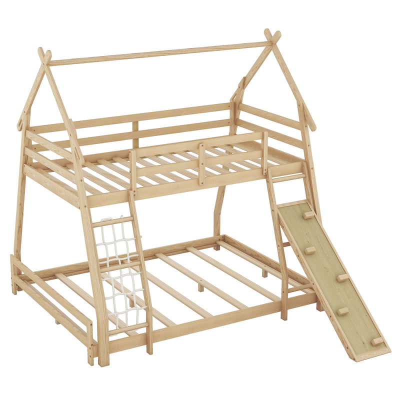 Twin Over Queen House Bunk Bed With Climbing Nets And Climbing Ramp