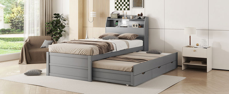 Wooden LED Platform Bed With Trundle, With Storage Headboard, With Drawers