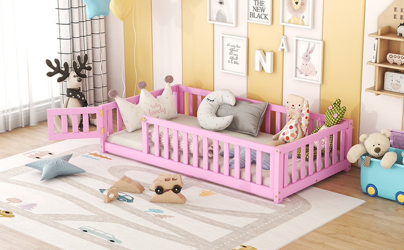 Twin Size Bed Floor Bed with Safety Guardrails and Door for Kids, Pink