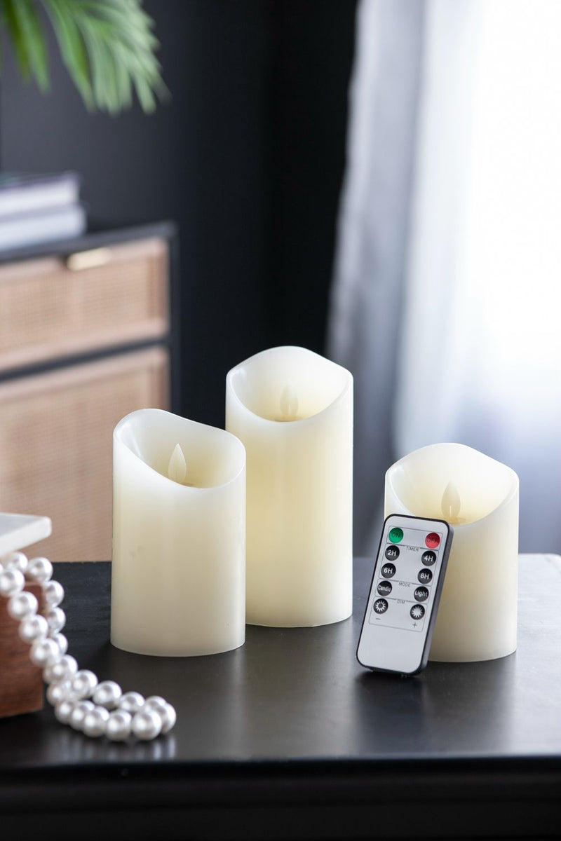 Flickering Led Candles With Remote Timer (Set of 3) - Ivory