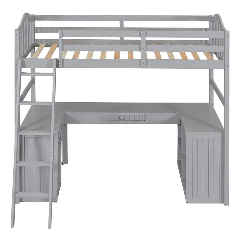 Twin size Loft Bed with Drawers, Cabinet, Shelves and Desk, Wooden Loft Bed with Desk - Gray(OLD SKU :LT000505AAE)