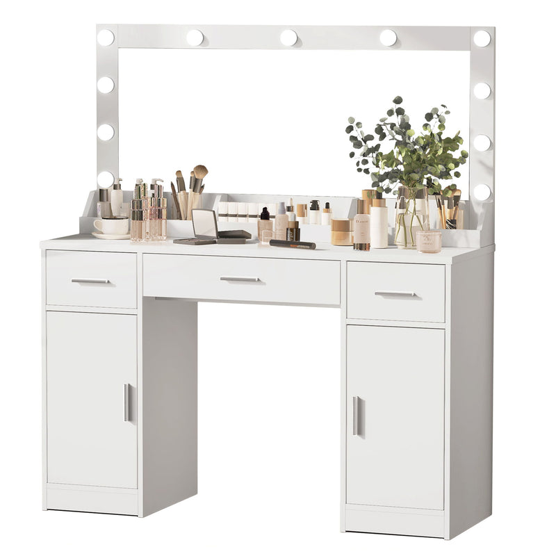 Vanity Desk With Large Mirror, 3 Colour Lighting Modes, Adjustable Brightness, Dresser With 3 Drawers & 2 Vertical Cabinets, Makeup Vanity Table For Women & Girls