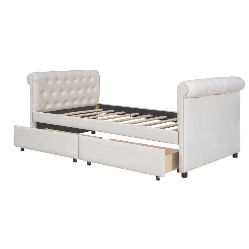 Twin Size Upholstered Daybed With Drawers, Wood Slat Support - Beige