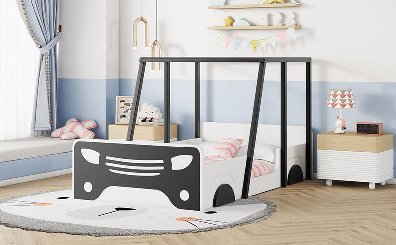 Twin Size Car-Shaped Bed With Roof, Wooden Twin Floor Bed With Wheels And Door Design, Montessori Inspired Bedroom