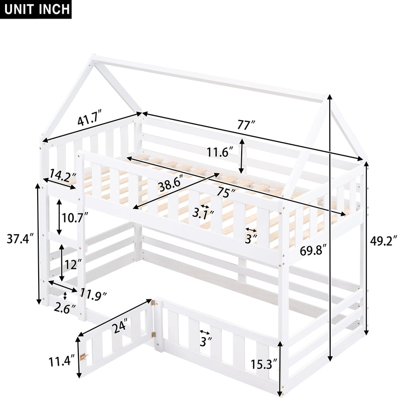 Twin over Twin House Bunk Bed with Fence and Door, White