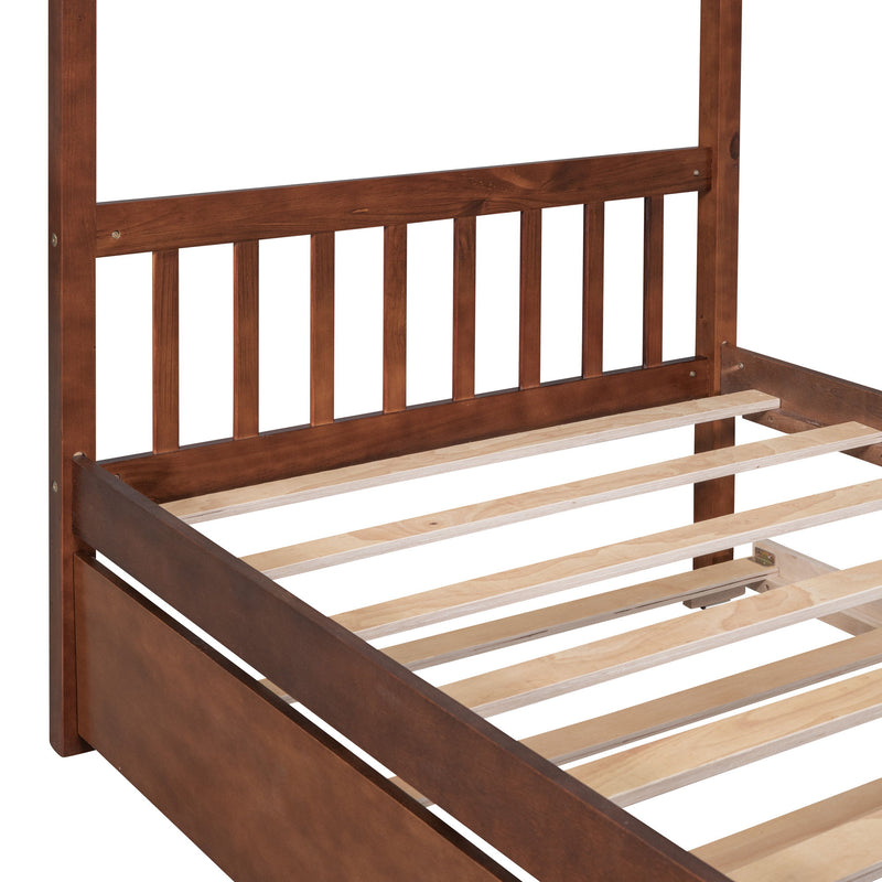 Twin Size Wooden House Bed With Twin Size Trundle Walnut