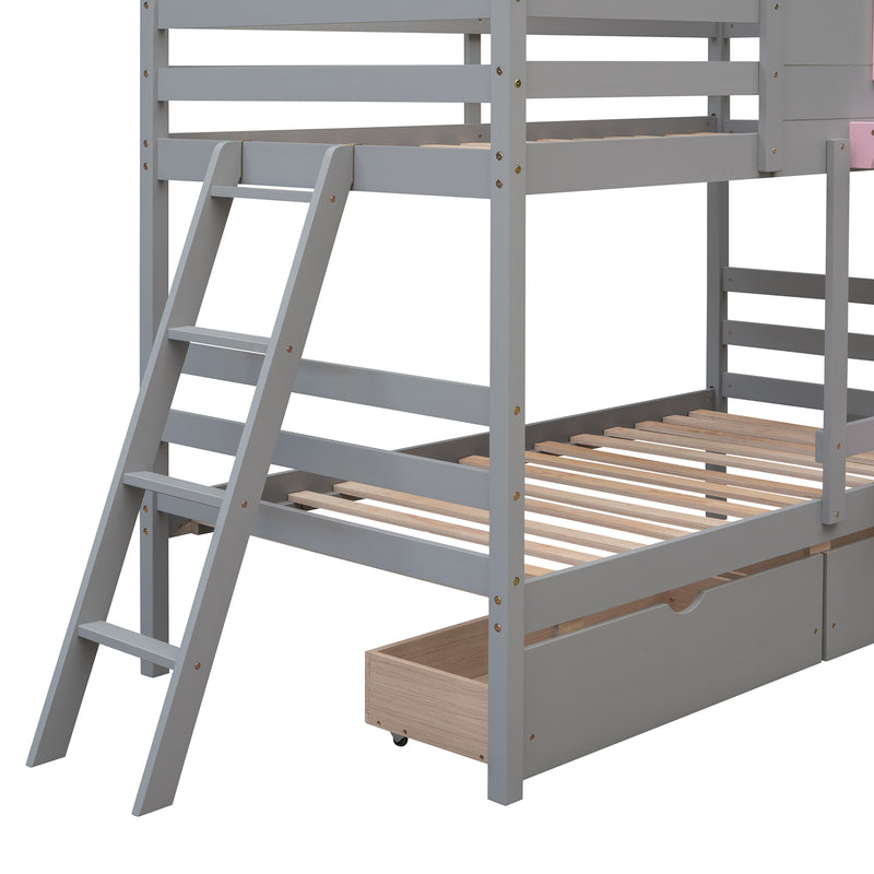 Twin over Twin Bunk Bed with 2 Drawers, 1 Storage Box, 1 Shelf, Window and Roof-Gray(OLD SKU:LT000608AAE)