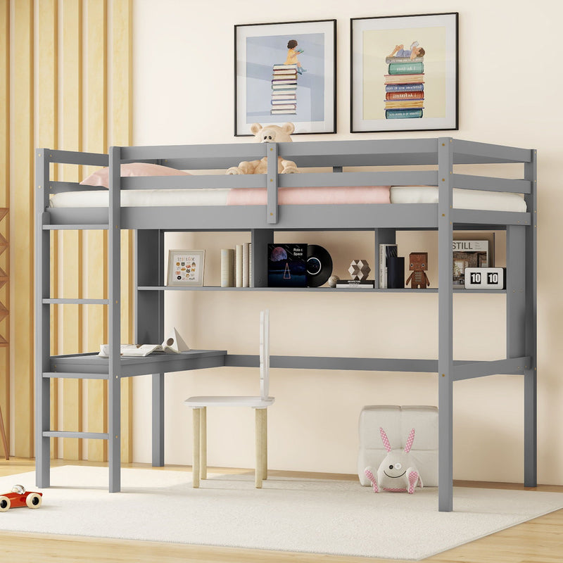 Loft Bed With Desk And Shelves, Safety Guardrail And Ladder