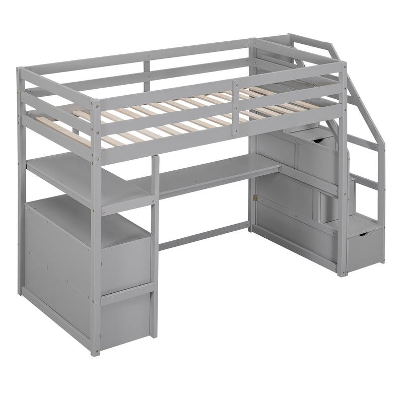 Twin Size Loft Bed with Desk and Shelves, Two Built-in Drawers, Storage Staircase, Gray