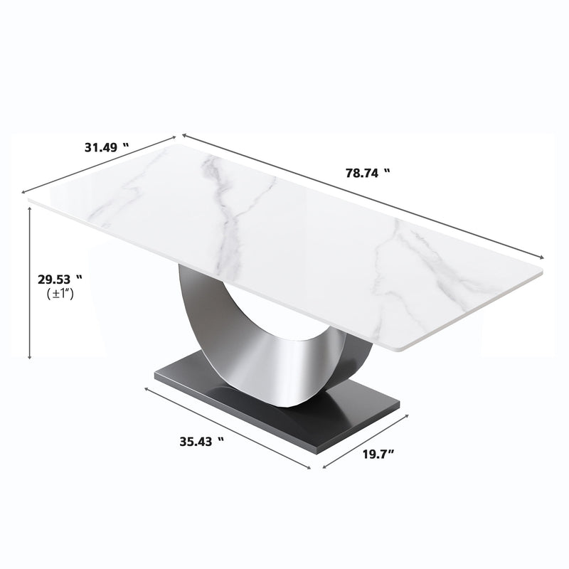 78.74" Modern Artificial Stone Crescent-Shaped Metal Legs, Can Accommodate 8 People - White / Black