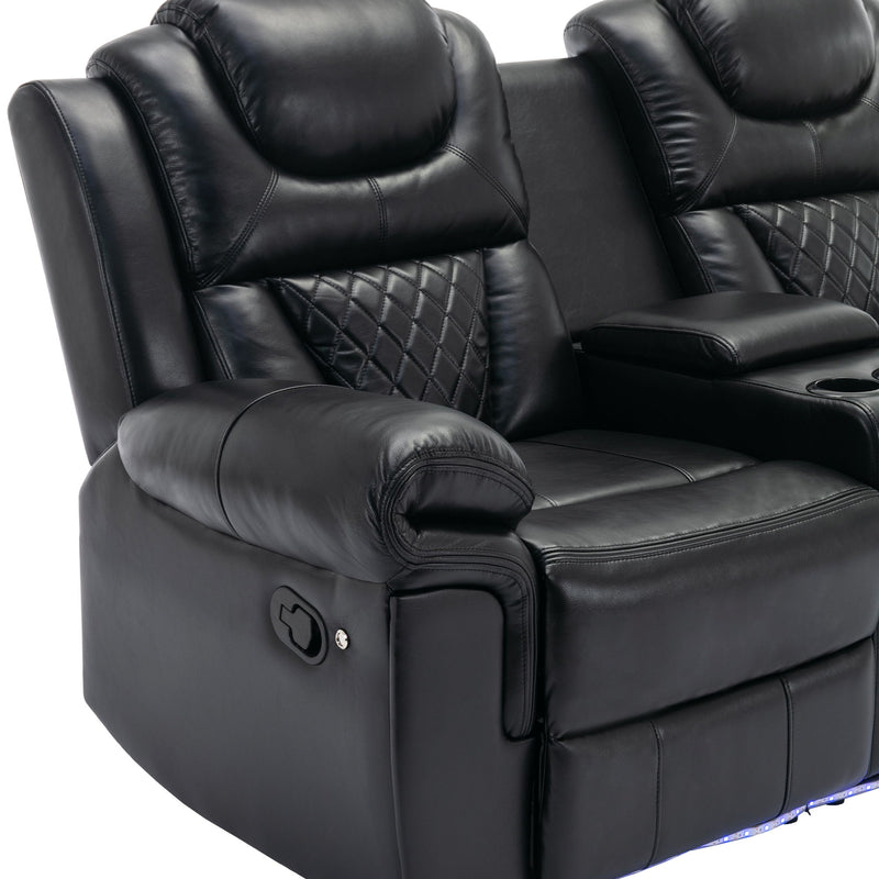 Home Theater Seating Manual Recliner Loveseat With Hide-Away Storage, Cup Holders And Led Light Strip For Living Room