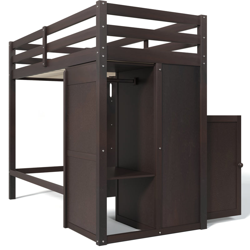 Twin Loft Bed with Wardrobe, Storage Shelves and Ladder, Espresso