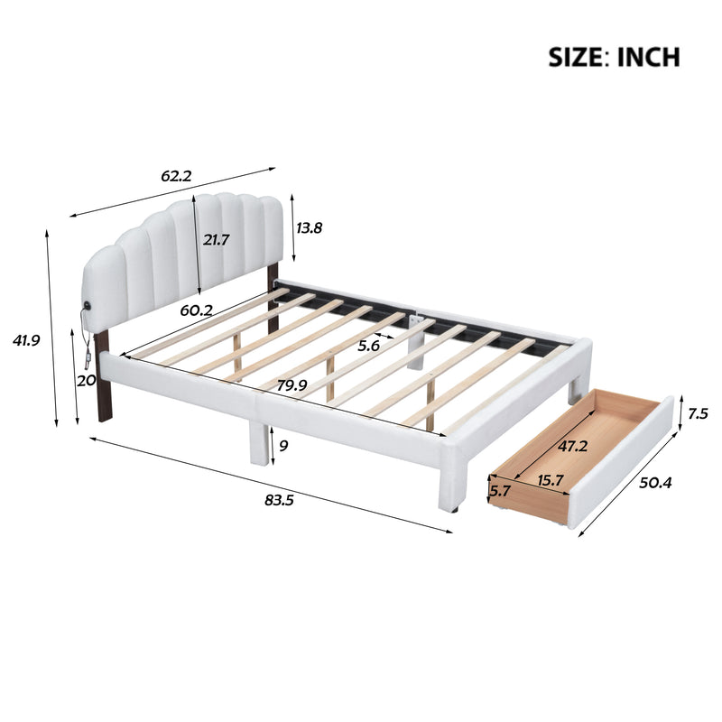 Teddy Fleece Queen Size Upholstered Platform Bed with Drawer, White