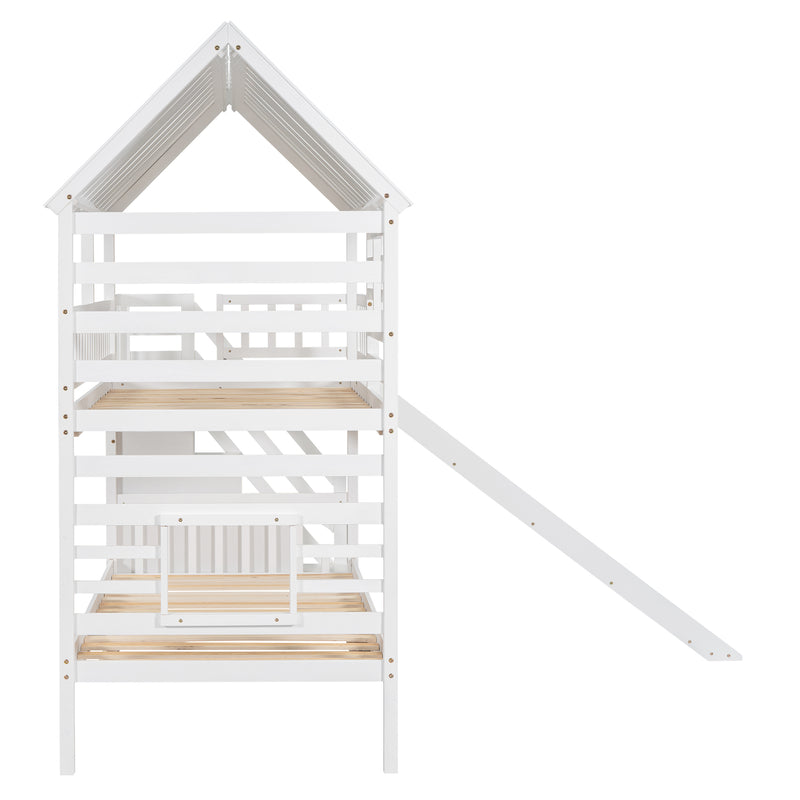 Twin over Twin House Bunk Bed with Trundle and Slide, Storage Staircase, Roof and Window Design, White(Old SKU: GX000931AAK)