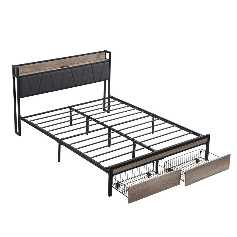 Metal Platform Bed Frame With Upholsteryolstery Storage Function Headboard And USB Liner And Footboard With Drawers, No Box Spring Needed, Large Under Bed Storage