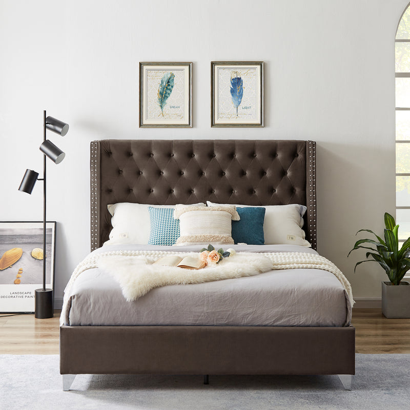 B100S Queen bed, Button designed Headboard,strong wooden slats + metal legs with Electroplate