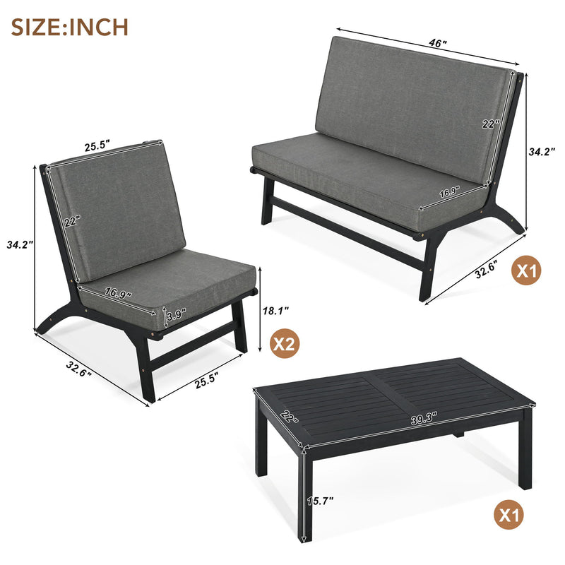 4 Piece V-Shaped Seats Set, Acacia Solid Wood Outdoor Sofa, Garden Furniture, Outdoor Seating - Black / Gray