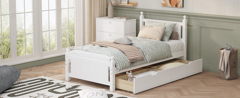 Twin Size Solid Wood Platform Bed Frame with 2 drawers for Limited Space Kids, Teens, Adults, No Need Box Spring, White