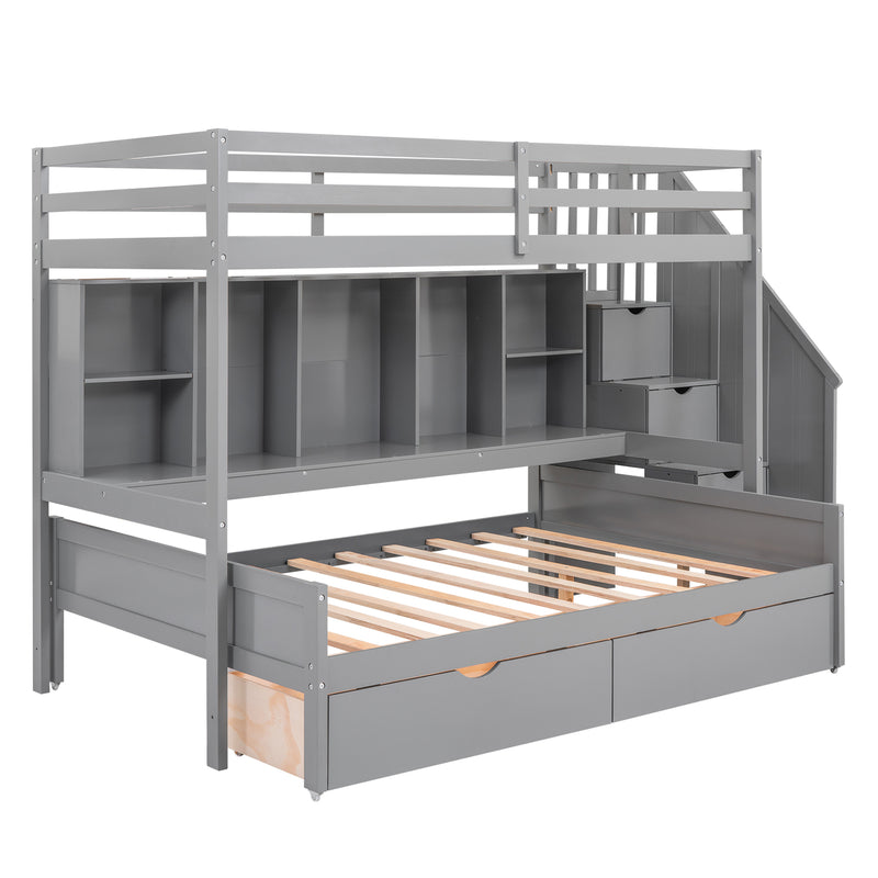 Twin XL over Full Bunk Bed with Built-in Storage Shelves, Drawers and Staircase,Gray