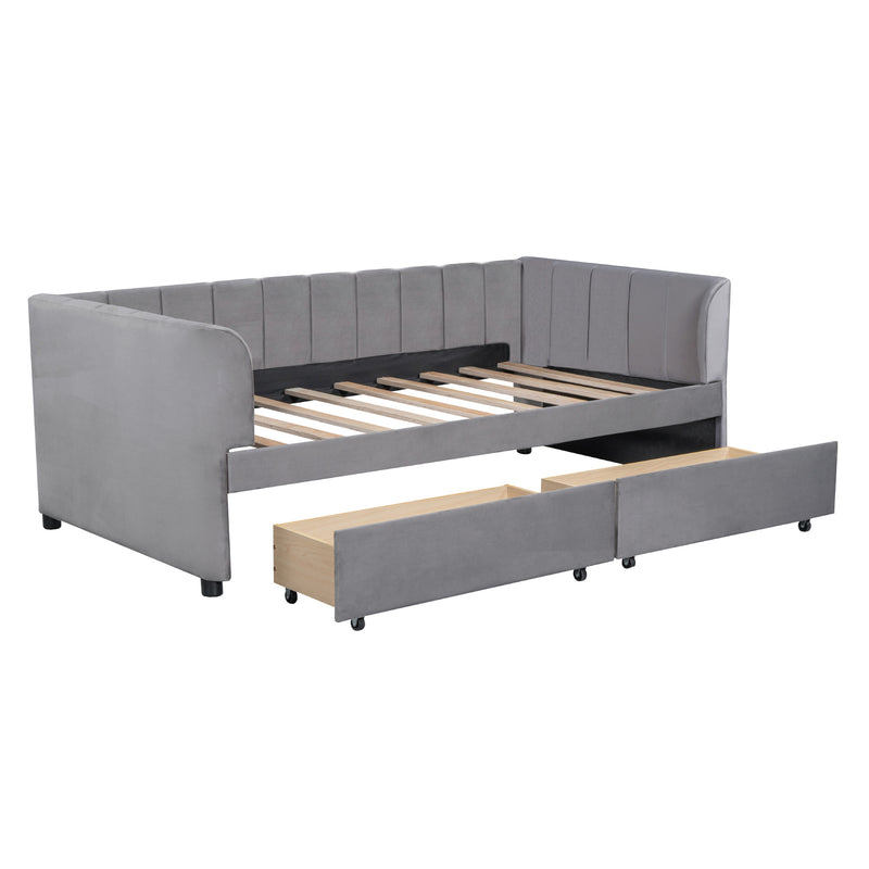 Twin Size Upholstered Daybed with Ergonomic Design Backrest and 2 Drawers, Gray