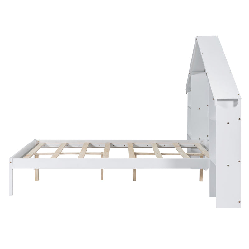 Wood Full Size Platform Bed with House-shaped Storage Headboard and Built-in LED, White