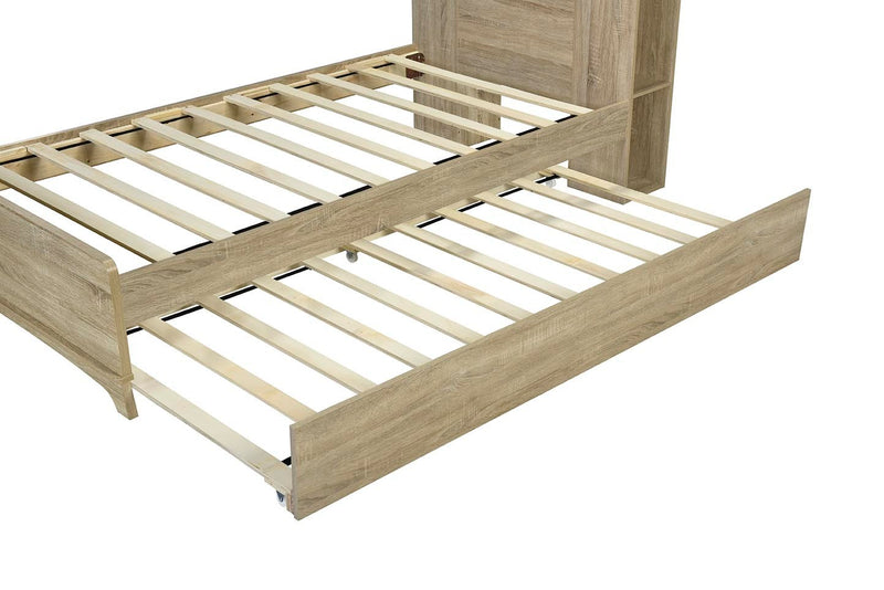 Twin Size Storage Platform Bed Frame with with Trundle and Light Strip Design in Headboard,Natural