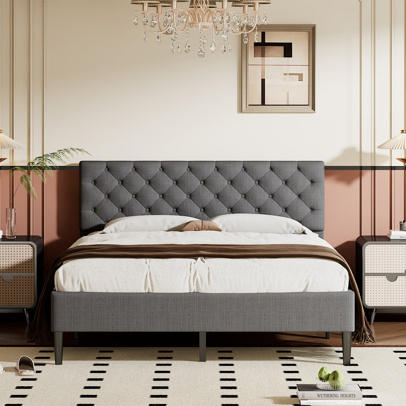 Upholstered Linen Platform Bed, Queen Size, Gray