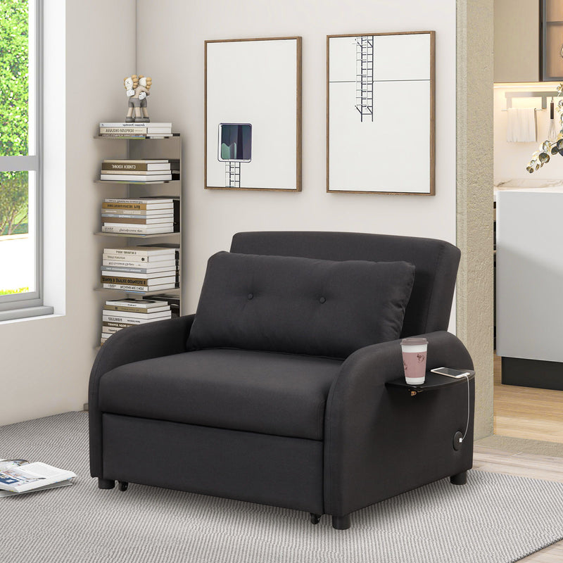 Pull Out Sofa Sleeper 3 In 1 With 2 Wing Table And USB Charge For Nap Line Fabric For Living Room Recreation Room